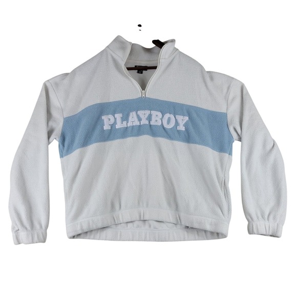PacSun Sweaters - Playboy By Pacsun Fleece Sweater Women's Large Crop 1/4 Zip Pullover Ivory Blue